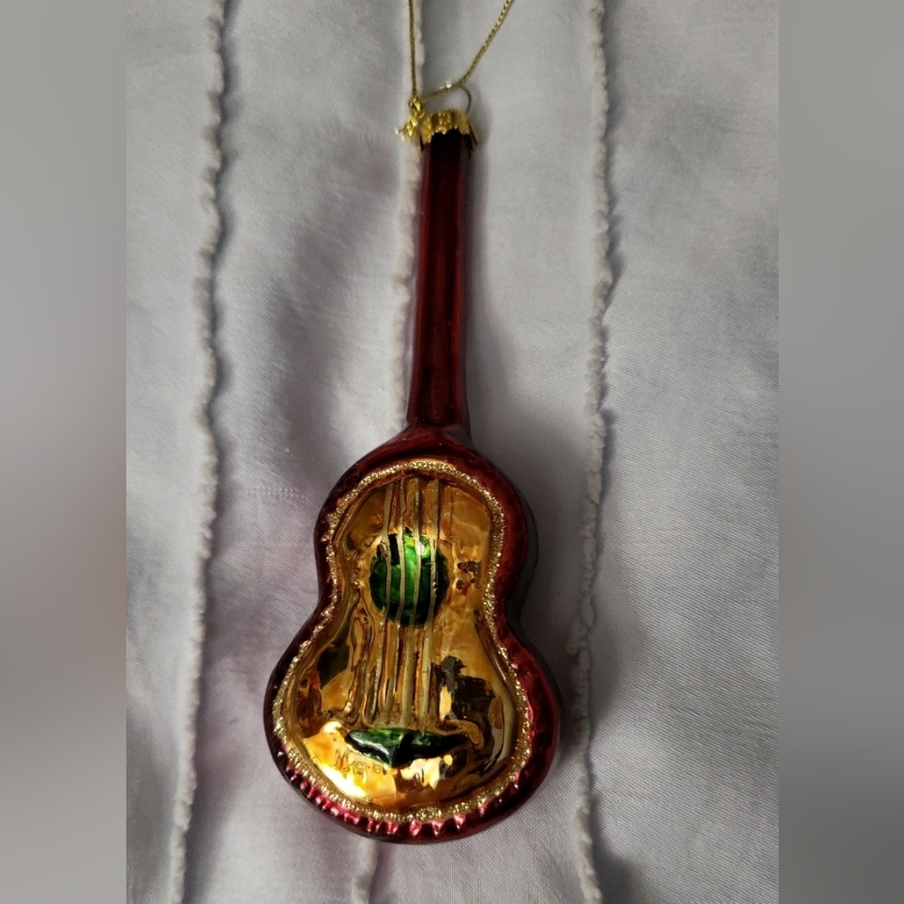 Gold and Red Guitar Glass Christmas Ornament